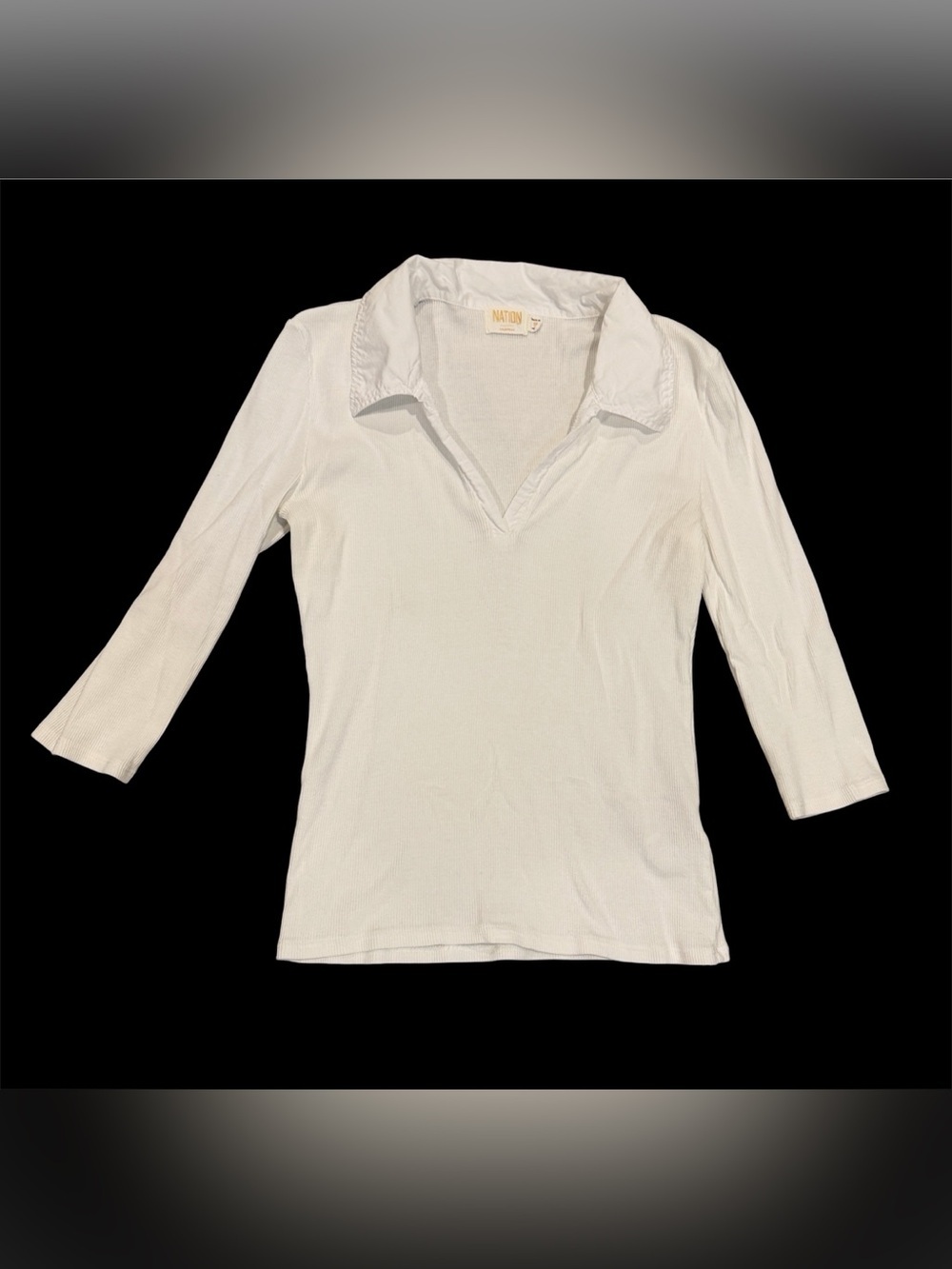 Nation LTD white cotton v neck ribbed collar 3/4 sleeve top size Medium